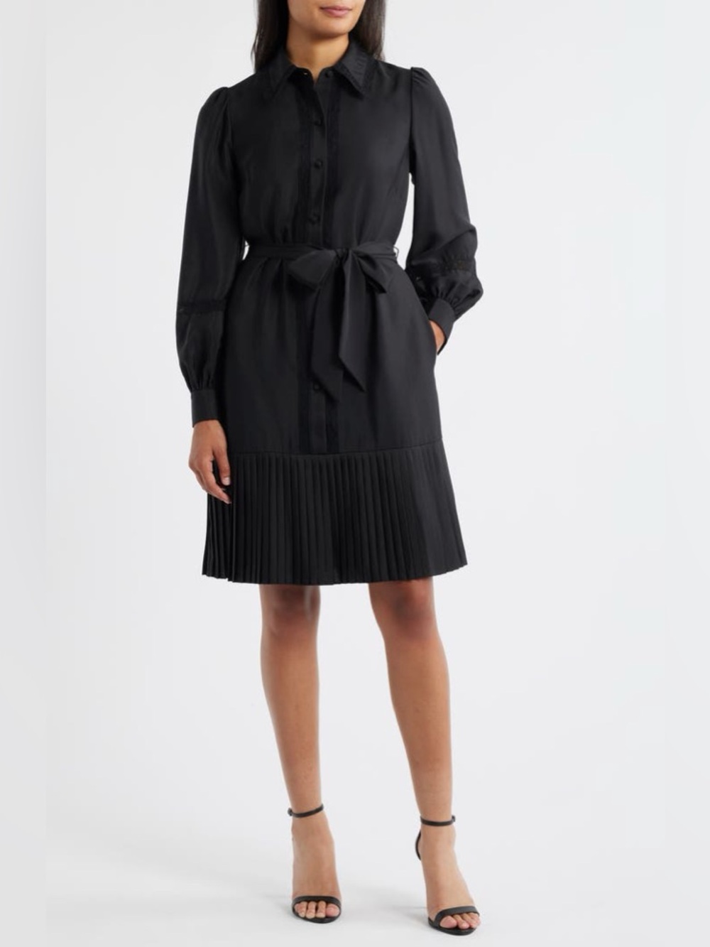 Eliza J Black Lace Detail Long Sleeve Pleated Shirtdress